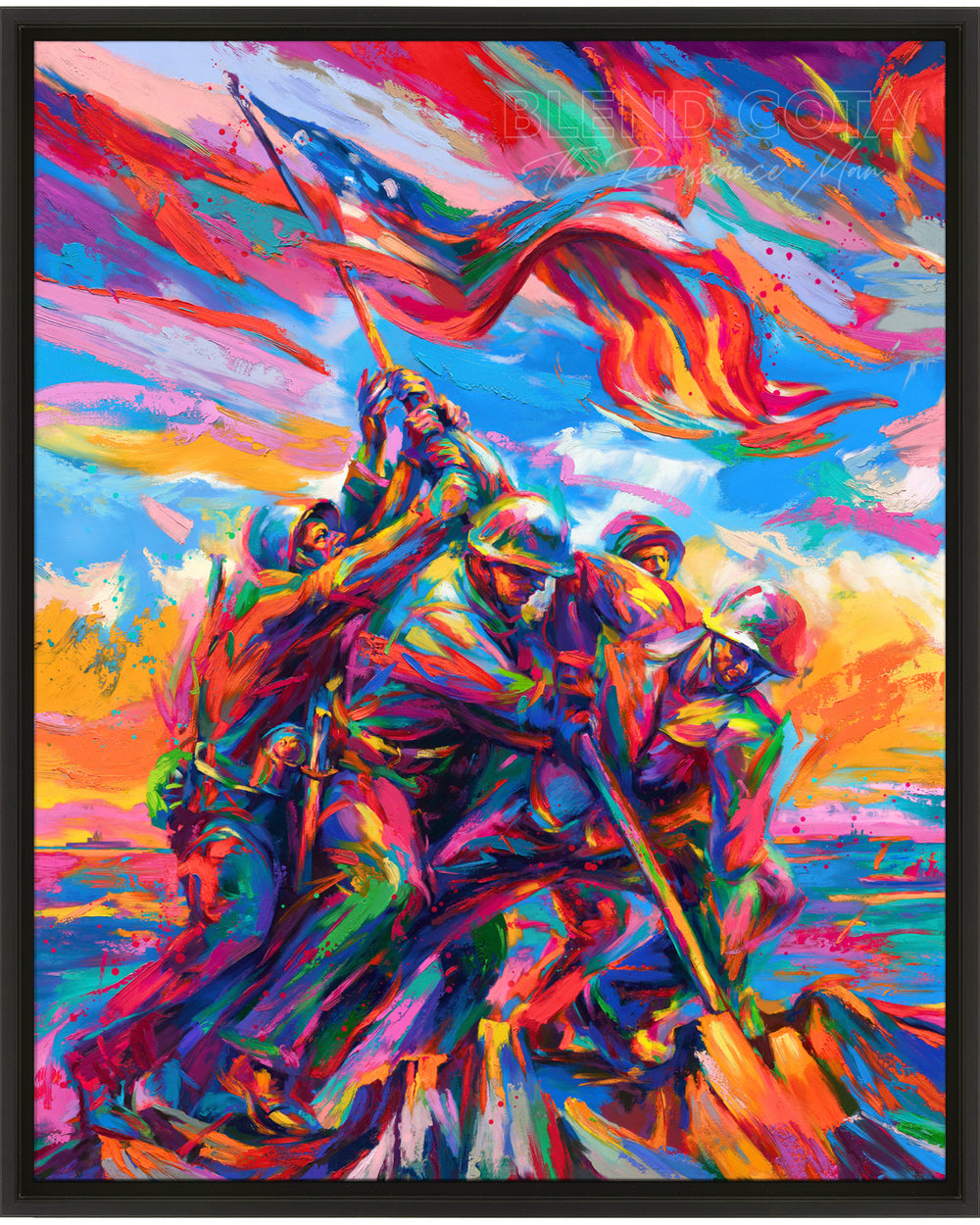 Framed in a black frame, a smaller Limited edition painting of the Marine Corps War Memorial, with five marine soldiers and American Flag on Mount Suribachi, Iwo Jima in colorful brushstrokes, color expressionism style.