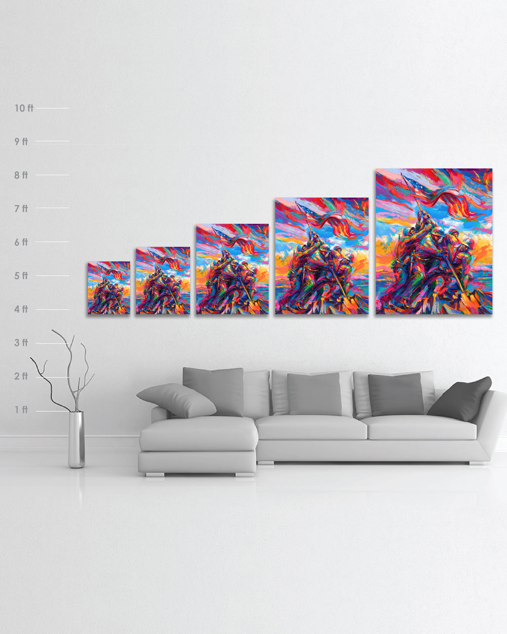 A scale comparison and dimensions for the Limited edition print on metal of the Marine Corps War Memorial, with five marine soldiers and American Flag on Mount Suribachi, Iwo Jima in colorful brushstrokes, color expressionism style.