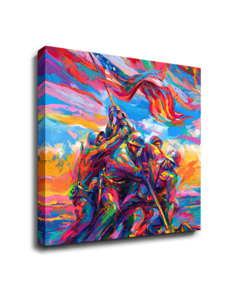 
                  
                    square canvas art print of the Marine Corps War Memorial, with five marine soldiers and American Flag on Mount Suribachi, Iwo Jima in colorful brushstrokes, color expressionism style.
                  
                
