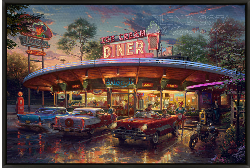 
                  
                    Meet You At The Diner a nostalgic looking 1950's scene waitress on rollerblades and a sunset  Limited Edition Art on Canvas from Blend Cota Studios in a black drop box frame.
                  
                