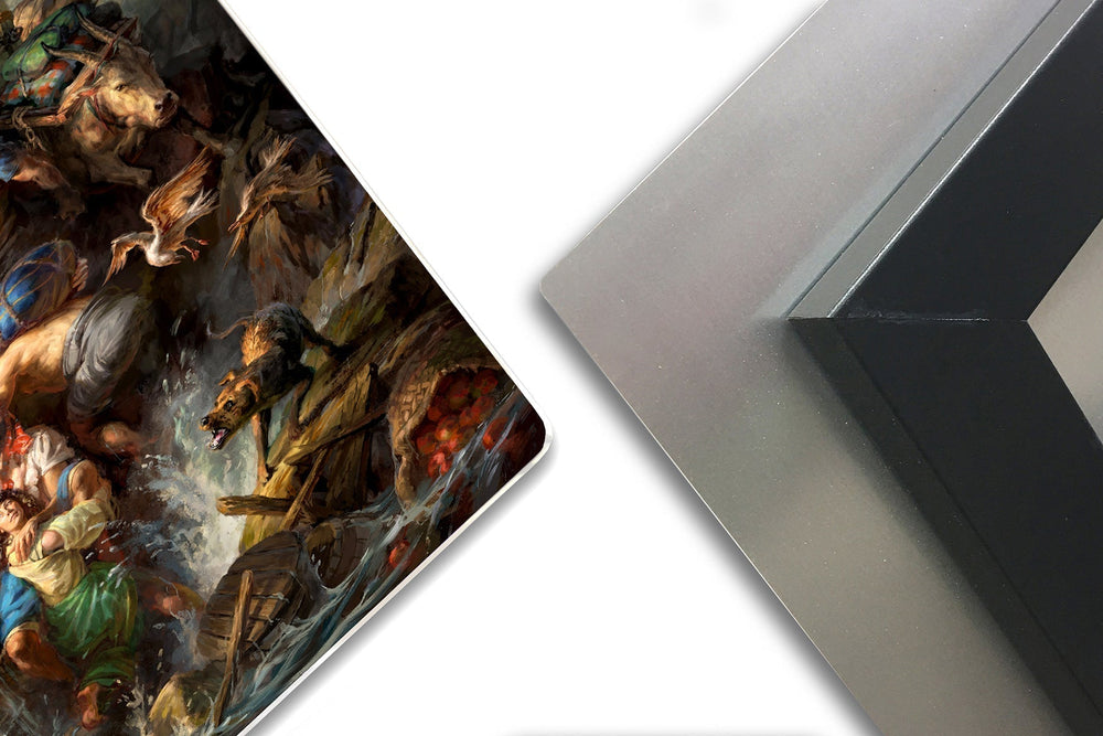 close up detail of the metal print and material used and backing for wall hanging