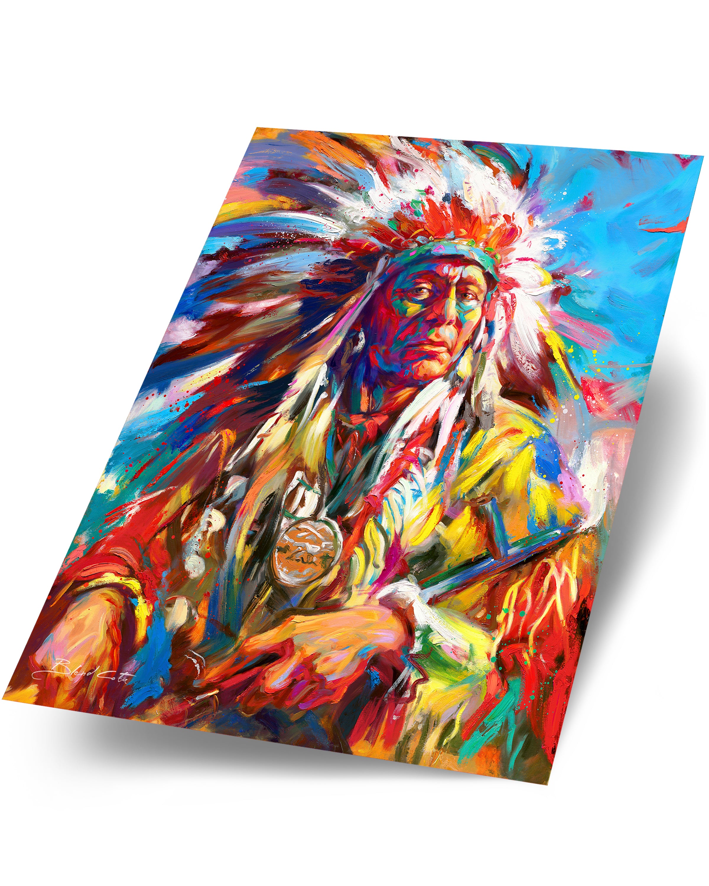 Art print of the Native American Warrior Portrait in war bonnet, symoblizing the Great Spirit, pride and power, in colorful brushstrokes, color expressionism style.