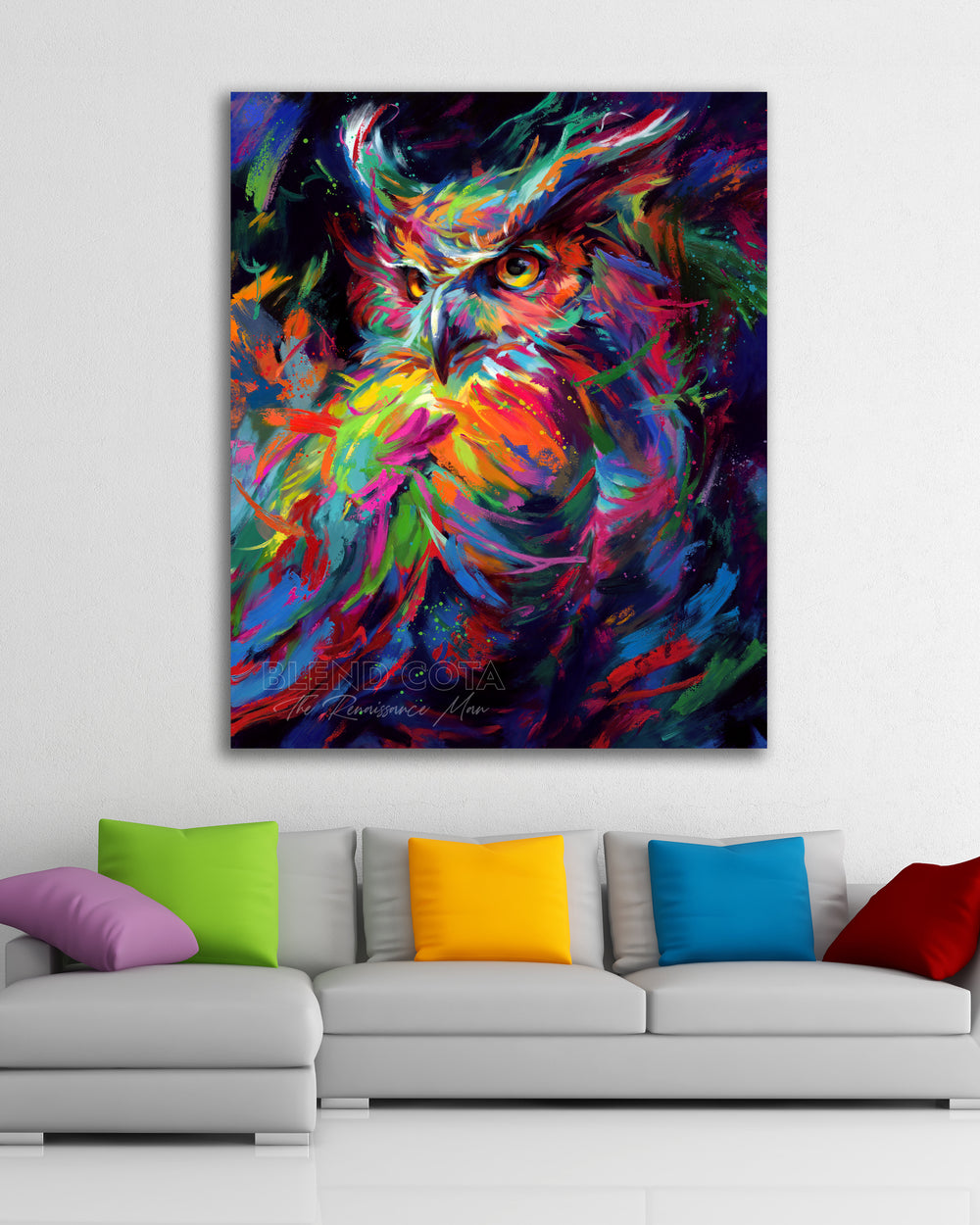Oil on canvas original painting of blue, green and orange owl in the night sky, symbol of wisdom and knowledge, and represented with Athena of Greece and Minerva of Rome, piercing gaze of great horned owl in colorful brushstrokes, color expressionism style in a room setting.