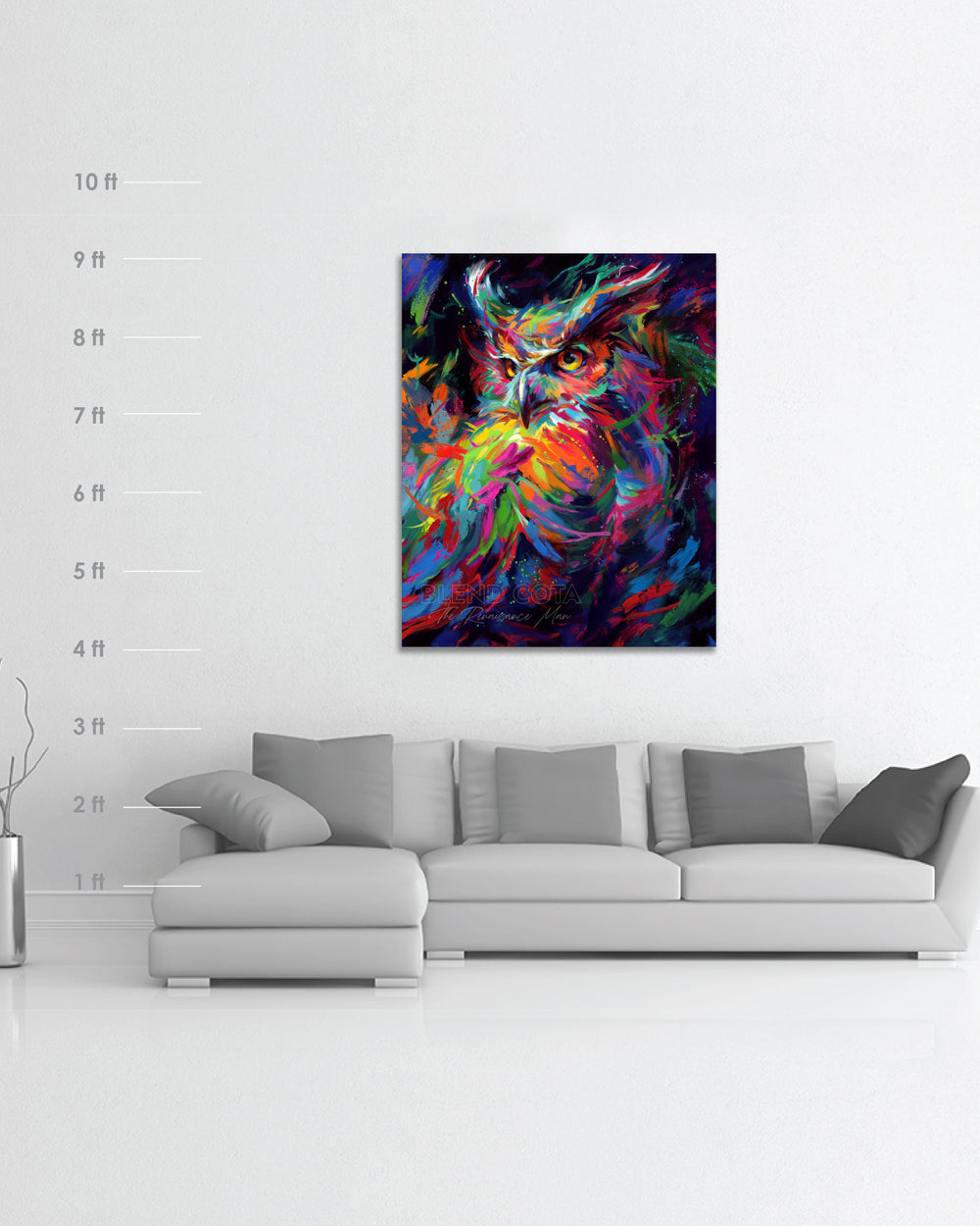 Oil on canvas original painting of blue, green and orange owl in the night sky, symbol of wisdom and knowledge, and represented with Athena of Greece and Minerva of Rome, piercing gaze of great horned owl in colorful brushstrokes, color expressionism style with scale and dimensions.
