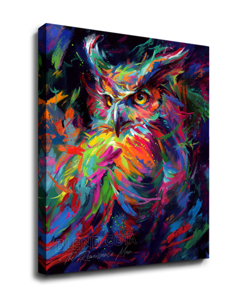 Art print on canvas of blue, green and orange owl in the night sky, symbol of wisdom and knowledge, and represented with Athena of Greece and Minerva of Rome, piercing gaze of great horned owl in colorful brushstrokes, color expressionism style.