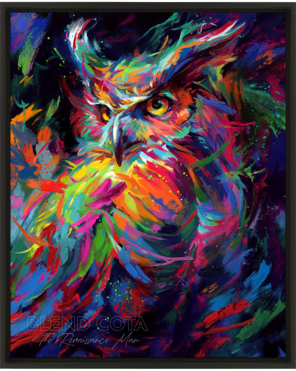 Limited edition painting on canvas of blue, green and orange owl in the night sky, symbol of wisdom and knowledge, and represented with Athena of Greece and Minerva of Rome, piercing gaze of great horned owl in colorful brushstrokes, color expressionism style shown in a black frame.