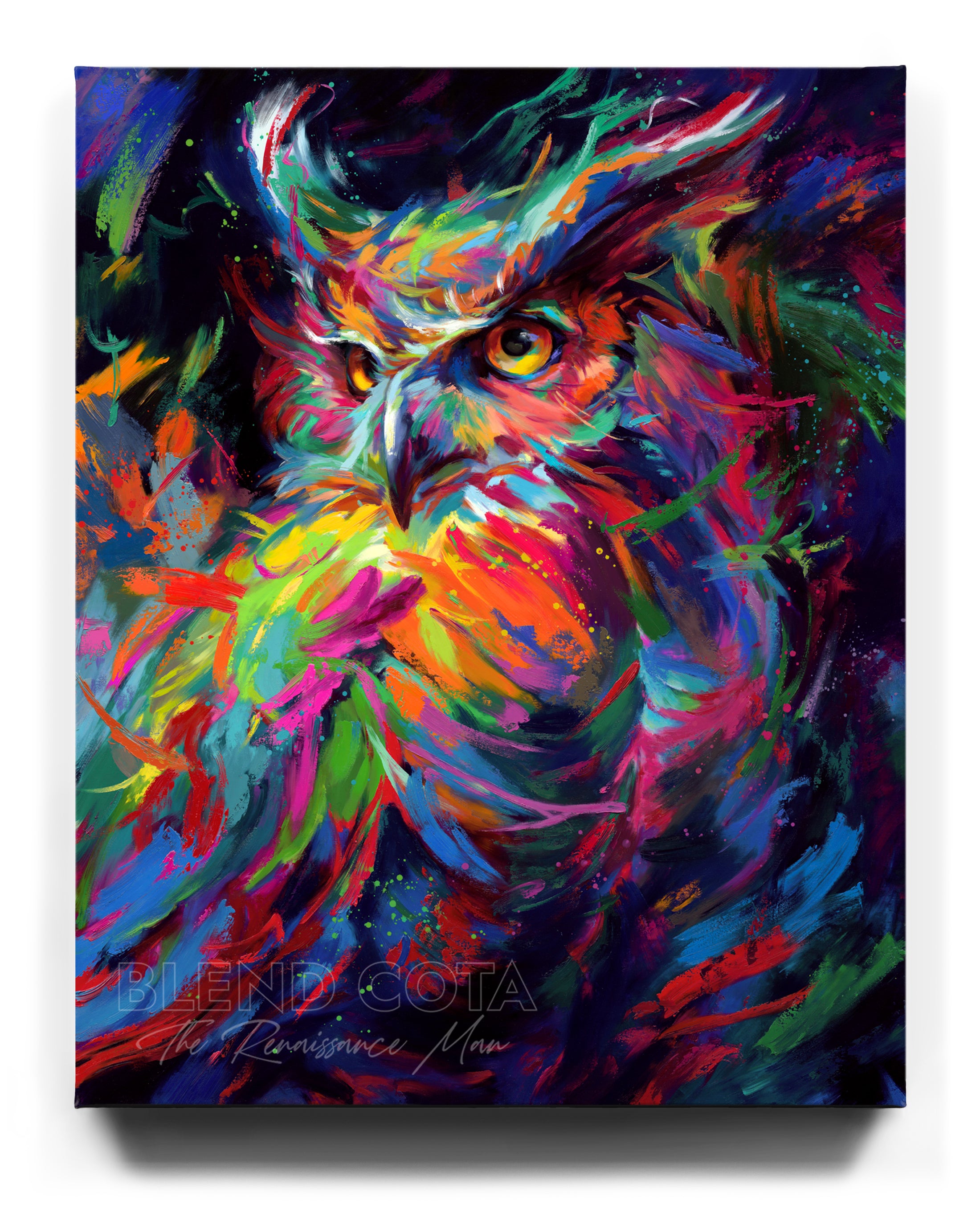 Limited edition painting on canvas of blue, green and orange owl in the night sky, symbol of wisdom and knowledge, and represented with Athena of Greece and Minerva of Rome, piercing gaze of great horned owl in colorful brushstrokes, color expressionism style.