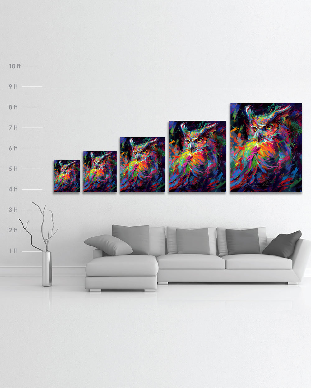 Limited edition painting on canvas of blue, green and orange owl in the night sky, symbol of wisdom and knowledge, and represented with Athena of Greece and Minerva of Rome, piercing gaze of great horned owl in colorful brushstrokes, color expressionism style with scale and dimensions.