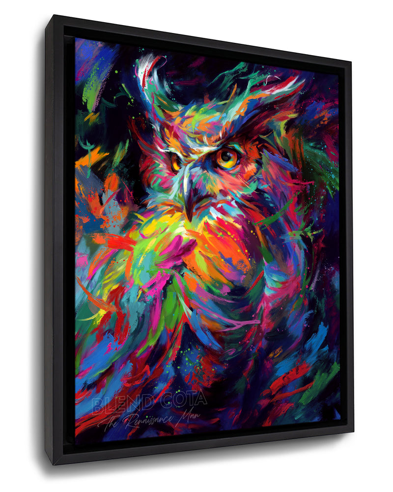 Framed art print on canvas of blue, green and orange owl in the night sky, symbol of wisdom and knowledge, and represented with Athena of Greece and Minerva of Rome, piercing gaze of great horned owl in colorful brushstrokes, color expressionism style.