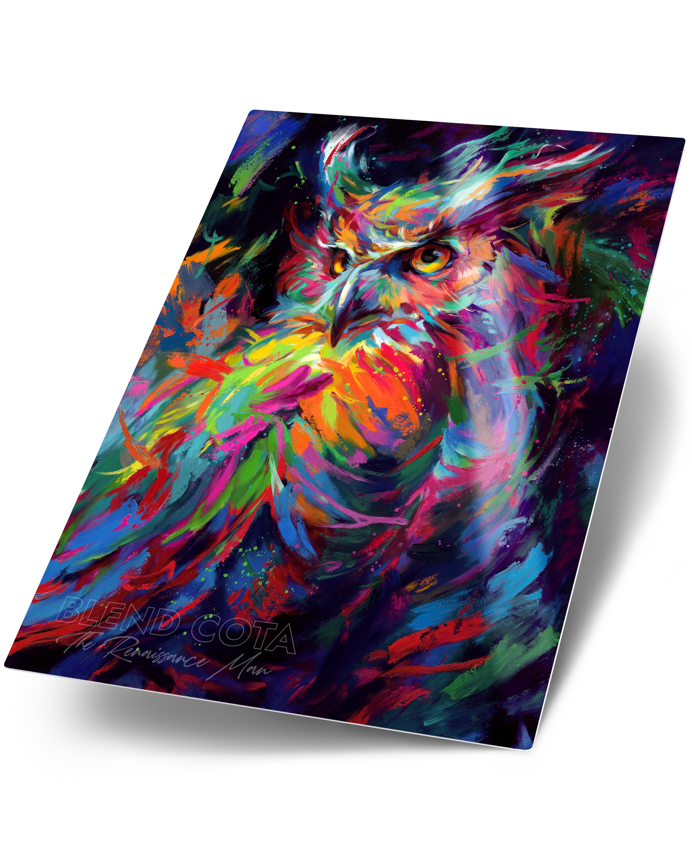 Art print on metal of blue, green and orange owl in the night sky, symbol of wisdom and knowledge, and represented with Athena of Greece and Minerva of Rome, piercing gaze of great horned owl in colorful brushstrokes, color expressionism style.