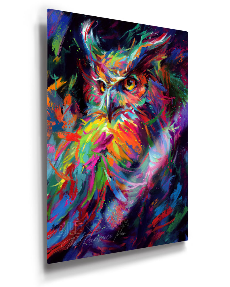 
                  
                    Limited edition print on metal of blue, green and orange owl in the night sky, symbol of wisdom and knowledge, and represented with Athena of Greece and Minerva of Rome, piercing gaze of great horned owl in colorful brushstrokes, color expressionism style.
                  
                