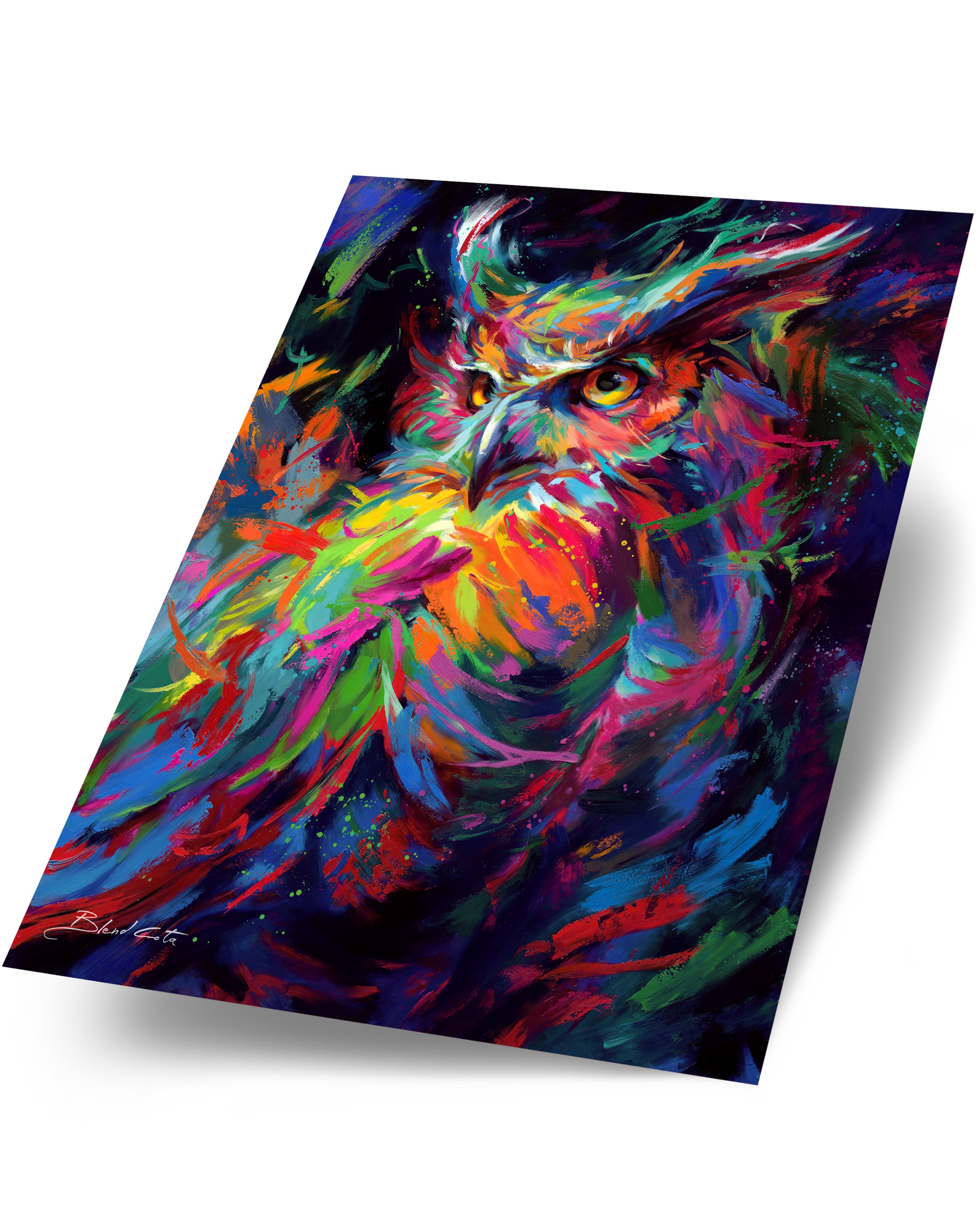 Art print on paper cardstock of blue, green and orange owl in the night sky, symbol of wisdom and knowledge, and represented with Athena of Greece and Minerva of Rome, piercing gaze of great horned owl in colorful brushstrokes, color expressionism style.