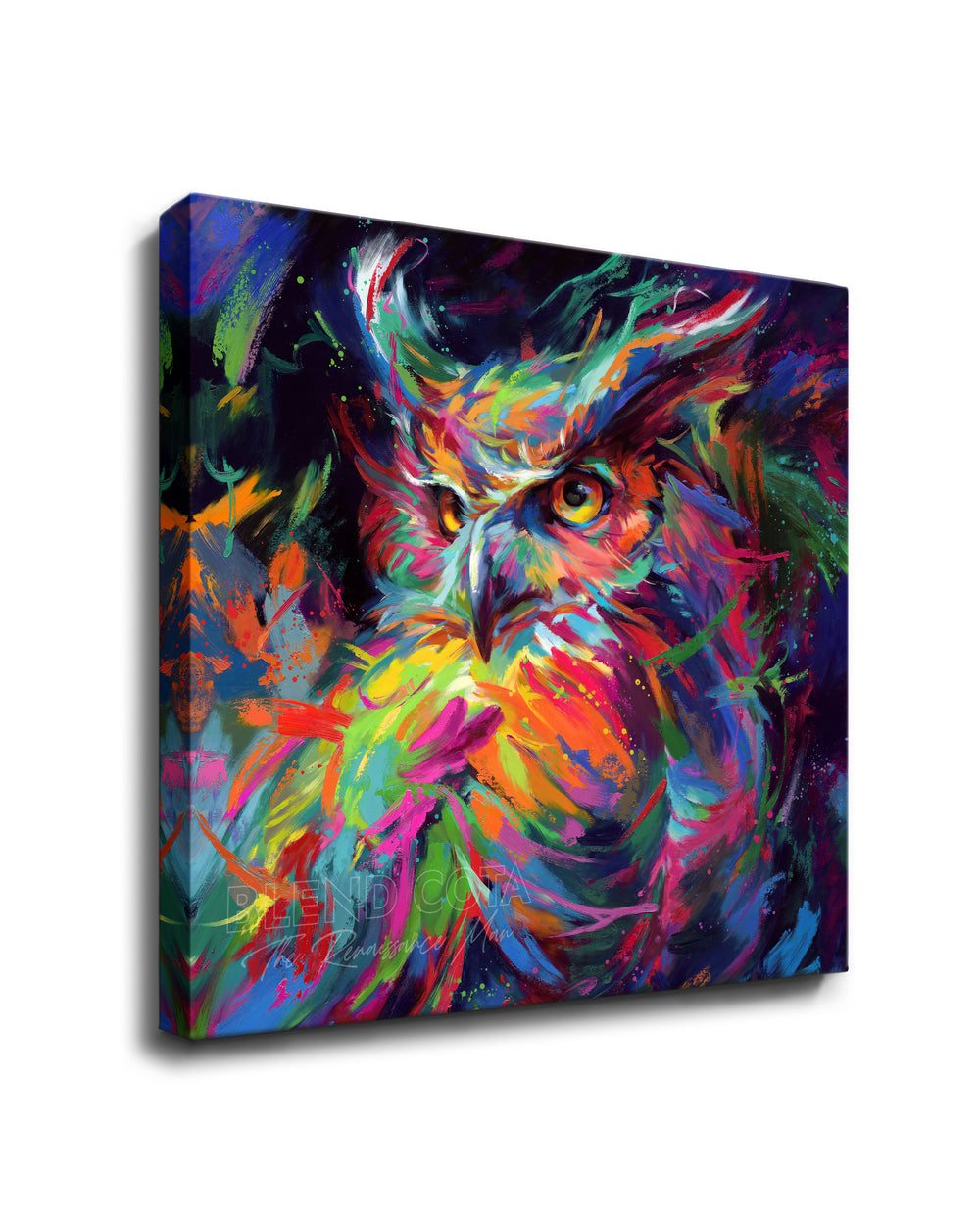 Square format art print on canvas of blue, green and orange owl in the night sky, symbol of wisdom and knowledge, and represented with Athena of Greece and Minerva of Rome, piercing gaze of great horned owl in colorful brushstrokes, color expressionism style.