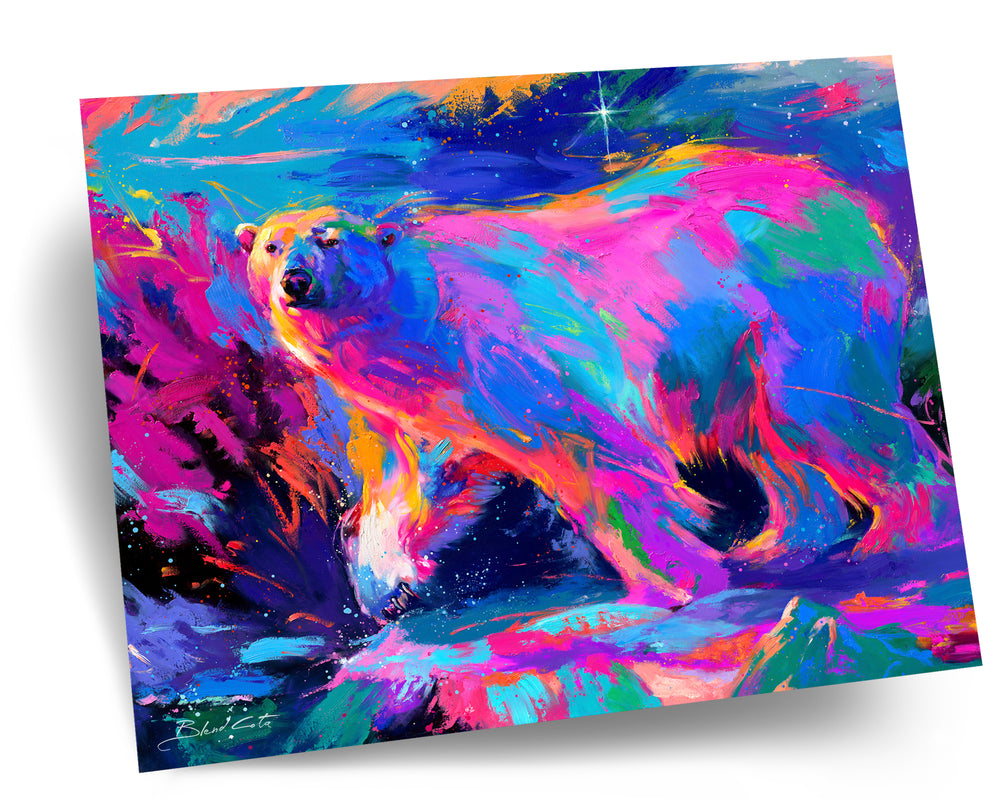 The majestic painting of the king of the North, the polar bear, with star shining on the winter, with warmth of brushstrokes bright and colorful shining through.