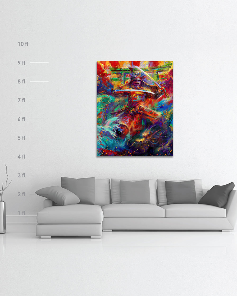 Scale and dimensions for Oil on canvas original painting of the Samurai Warrior, Japanese cultural symbols represented in the Hokusai wave like design, the ancient dragon and the torii in the background, in colorful brushstrokes, color expressionism style.