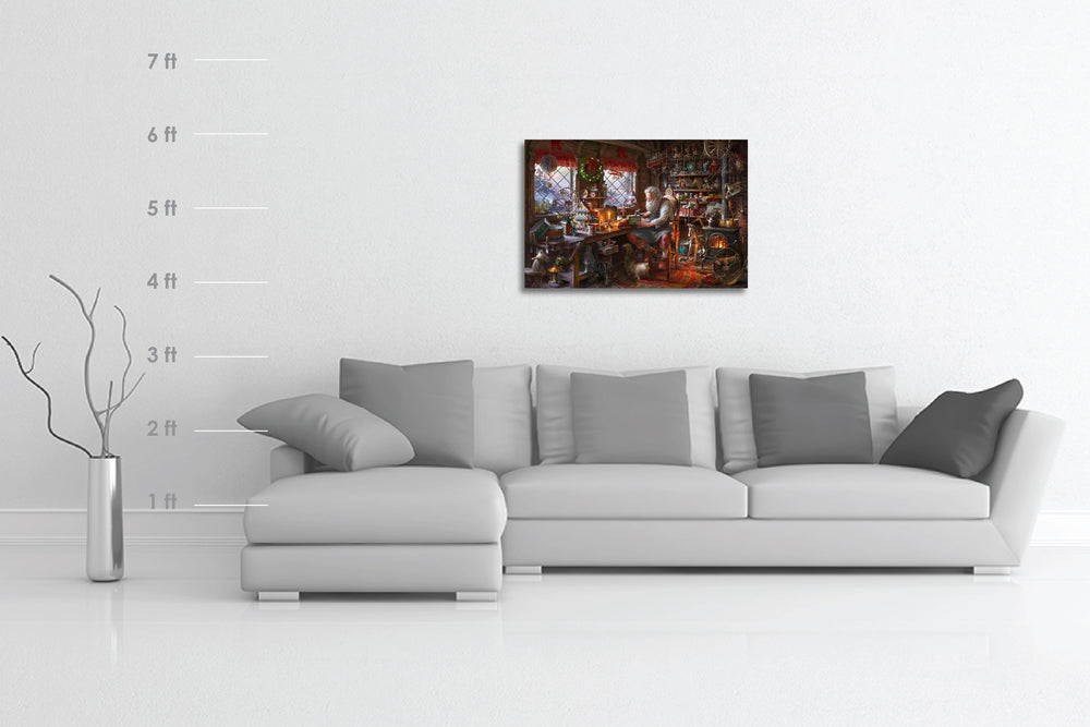 An original oil painting of Santa claus making toys in his workshop  during christmas with a cat by his boots and wood burning stove amongst the many children's toys with scale dimensions.