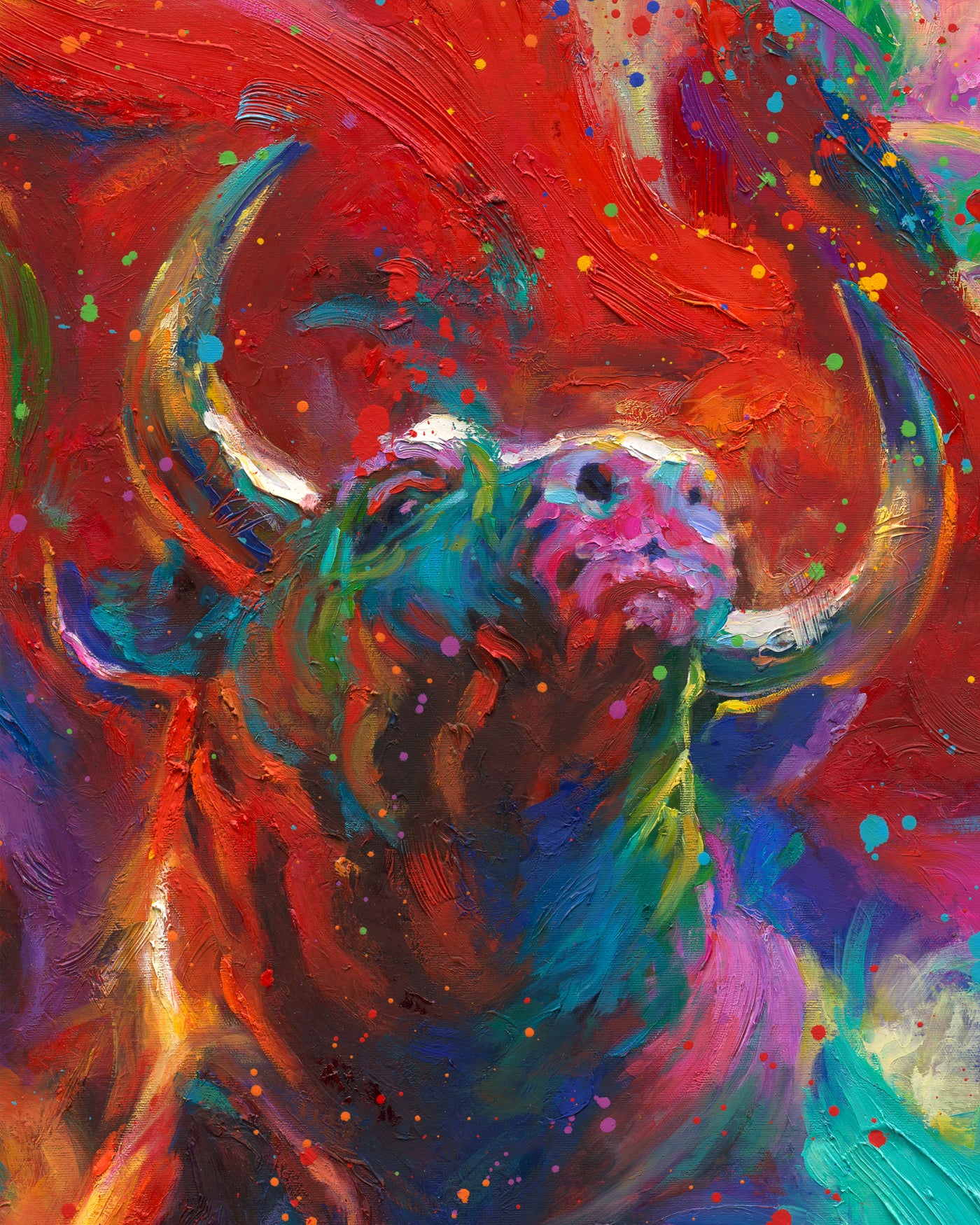 
                  
                    Oil on canvas original painting of the Matador, a bullfighter in midst of a dance with the bull, using a red cape to distract and entrance the best, with a crown cheerring on in the background, in colorful brushstrokes, color expressionism style detailed close up.
                  
                