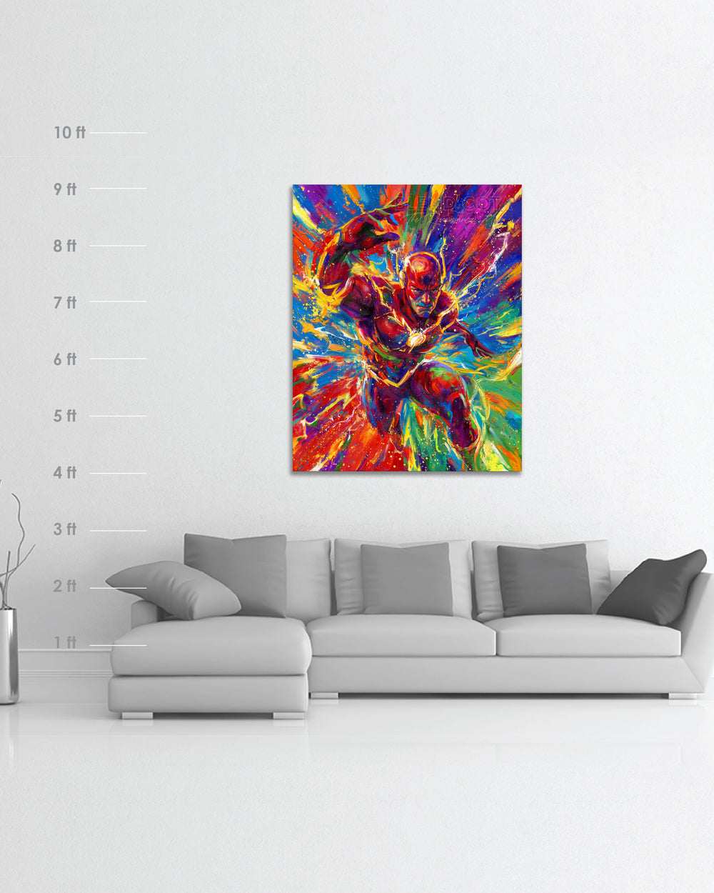 Scale and dimensions for Oil on canvas original painting of The Flash, DC Comics Barry Allen, child of lightspeed and ultimate superhero of thinking moving and reacting at light speeds, painted in an array of blue red, purple and greens, and electrified yellow in colorful brushstrokes, color expressionism style.