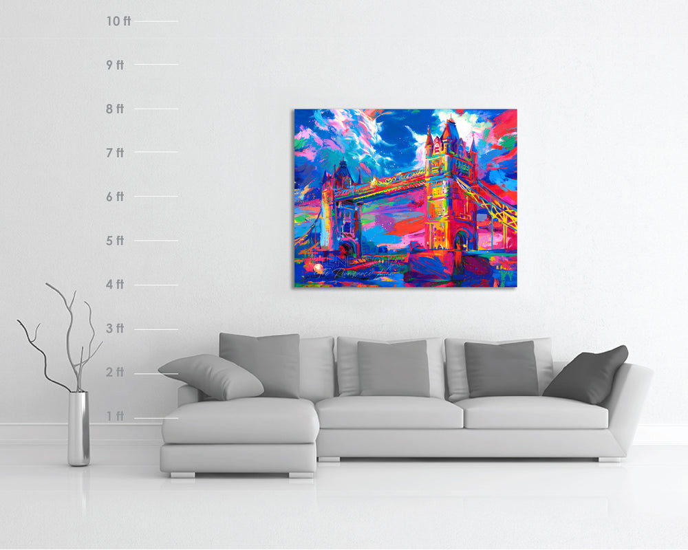 Oil on canvas original painting of the London Tower Bridge in United Kingdom, seen below from the Thames, displaying masterful engineering and architecture of Victorian Gothic style, and symbol of strength and beauty, in colorful brushstrokes, color expressionism style with scale and dimensions.