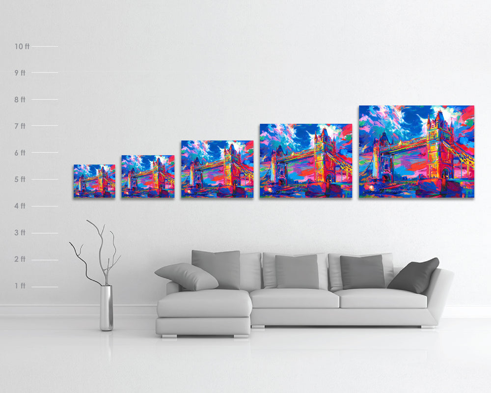 Limited edition on metal of the London Tower Bridge in United Kingdom, seen below from the Thames, displaying masterful engineering and architecture of Victorian Gothic style, and symbol of strength and beauty, in colorful brushstrokes, color expressionism style with scale and dimensions.