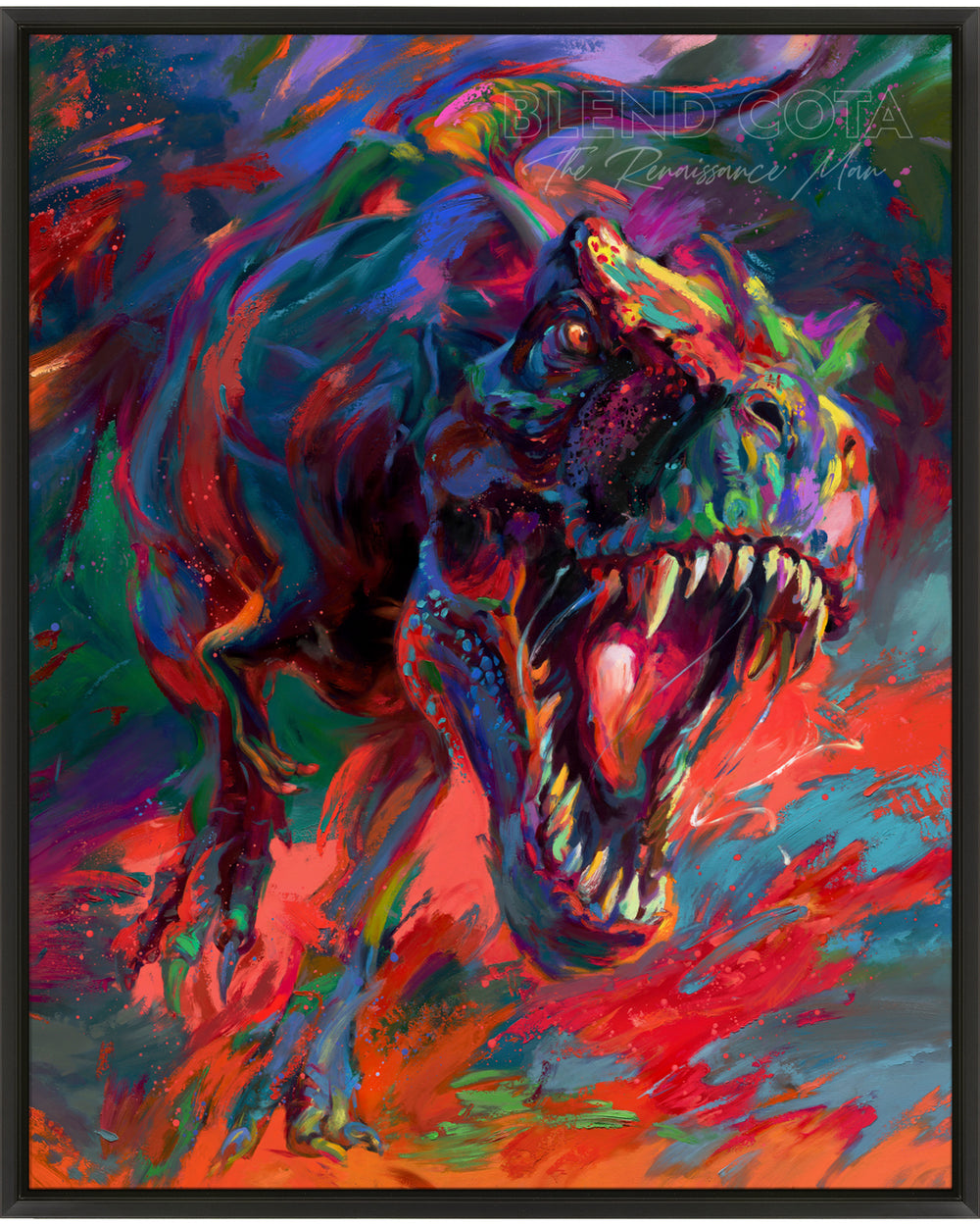 Framed Limited edition hand-embellished painting on canvas of the t-rex from jurassic period the apex dinosaur predator jaw full of teeth chasing you, painted with colorful brushstrokes in an expressionistic style.