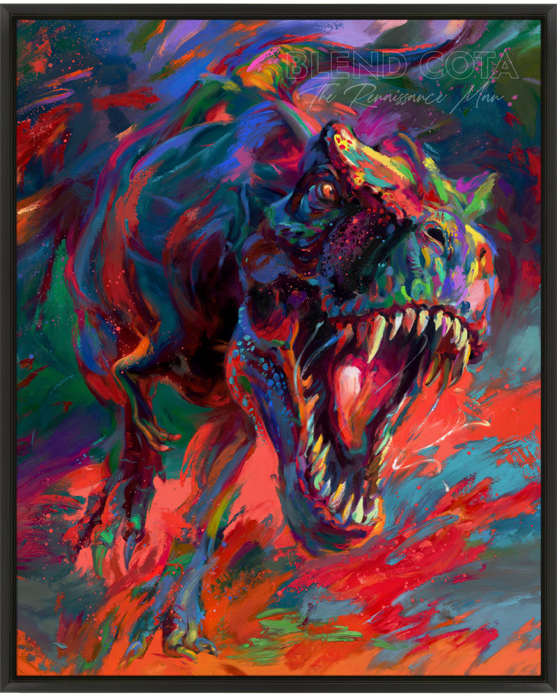 
                  
                    Framed Limited edition hand-embellished painting on canvas of the t-rex from jurassic period the apex dinosaur predator jaw full of teeth chasing you, painted with colorful brushstrokes in an expressionistic style.
                  
                