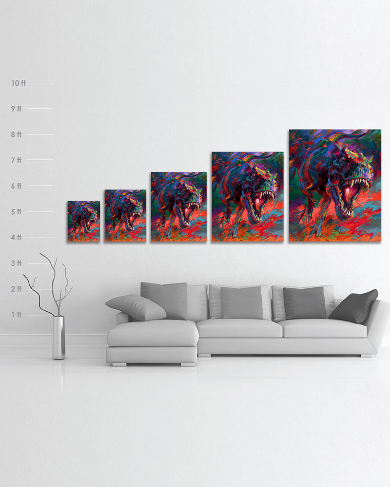 
                  
                    Limited edition glossy metal print of the t-rex from jurassic period the apex dinosaur predator jaw full of teeth chasing you, painted with colorful brushstrokes in an expressionistic style in a room setting with scale and dimensions.
                  
                