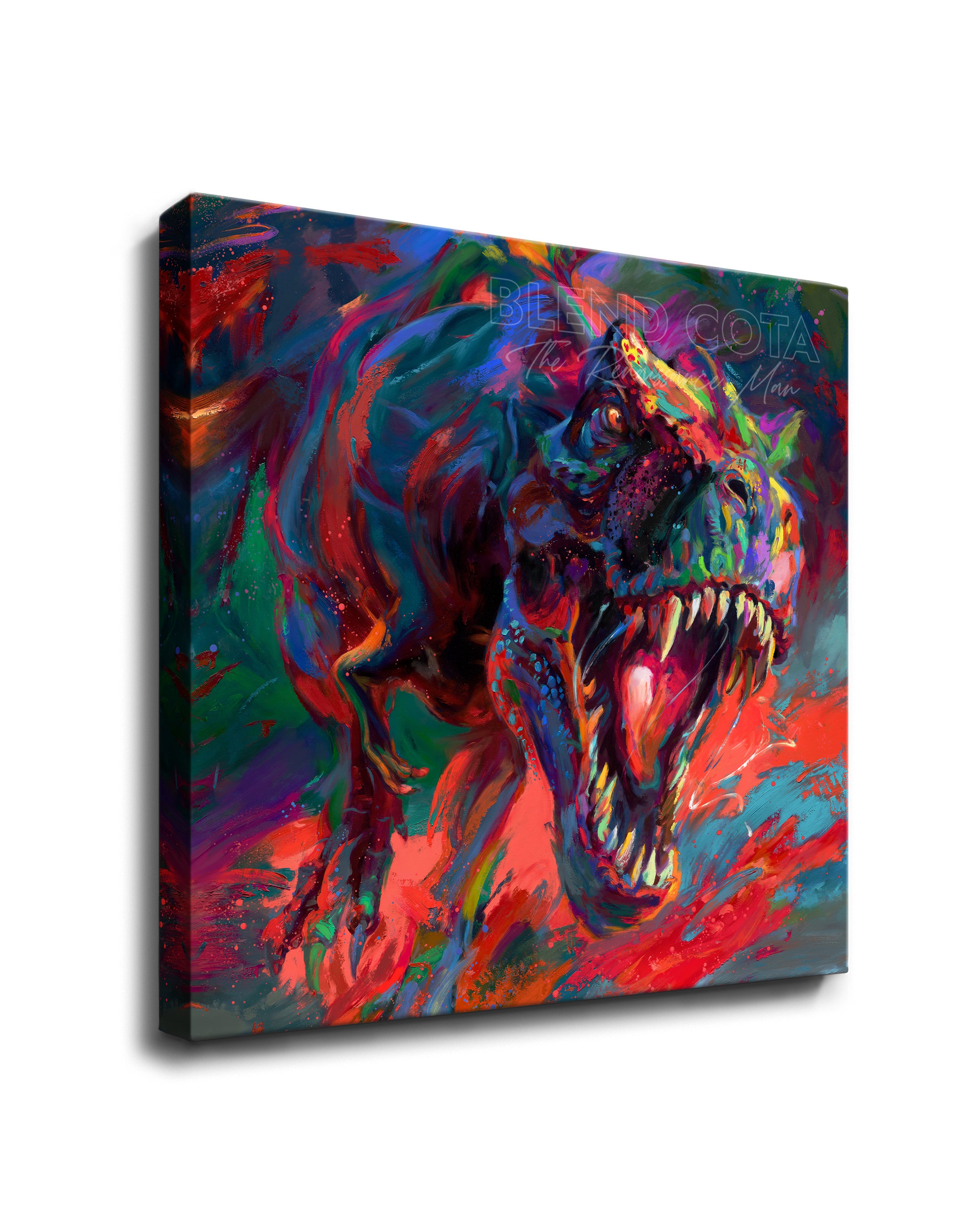 
                  
                    Square format gallery wrapped art print on canvas of the t-rex from jurassic period the apex dinosaur predator jaw full of teeth chasing you, painted with colorful brushstrokes in an expressionistic style.
                  
                