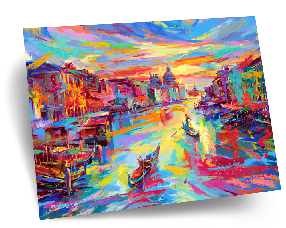 Painting of the beautiful landmark city of Venice, Italy, with canals and gondolas, and love everywhere in the air, with colorful brushstrokes.