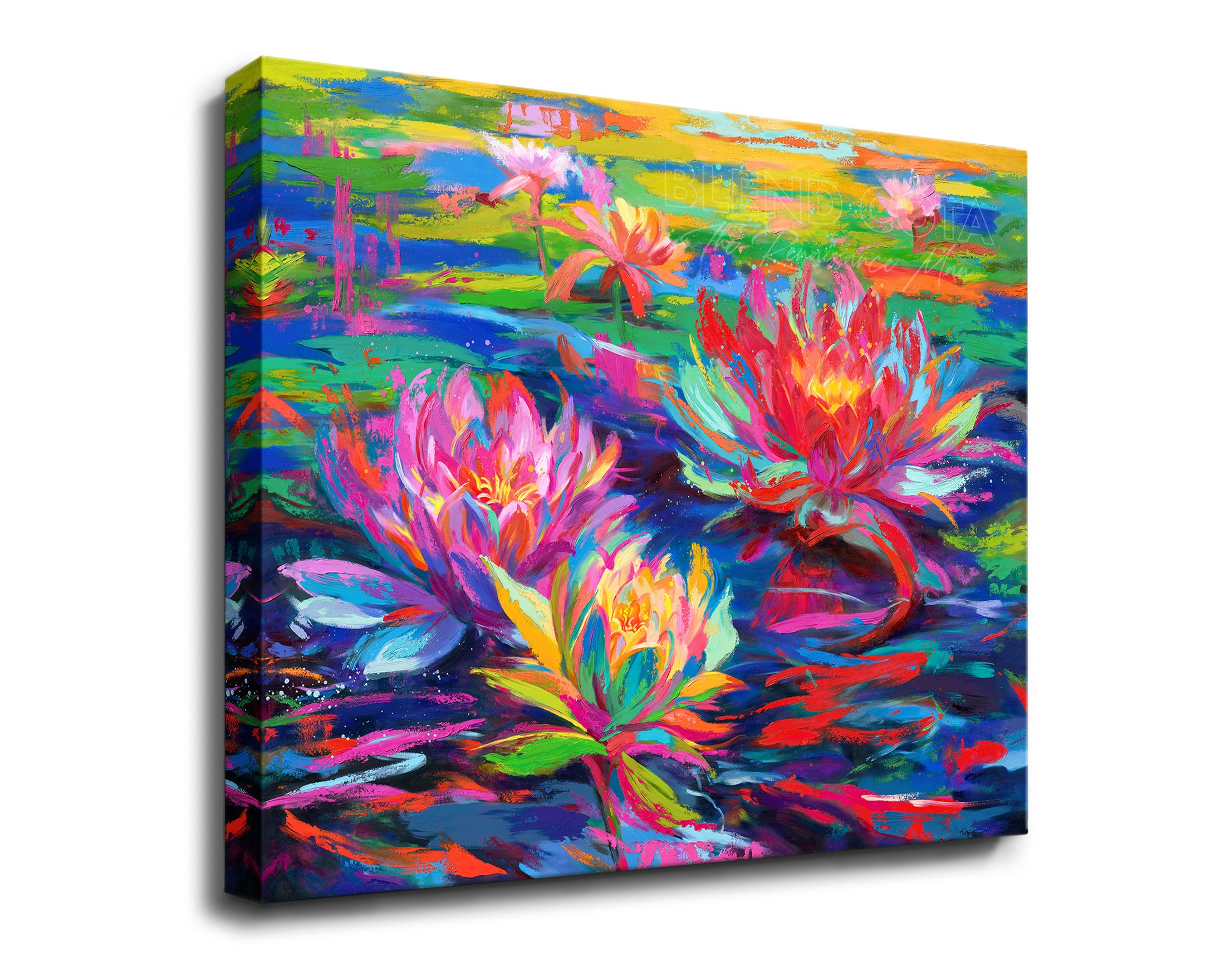 Art print on gallery wrapped canvas of red, pink and yellow water lilies blooming in a pond of lily pads, abundant and vibrant flowers in colorful brushstrokes, color expressionism style.