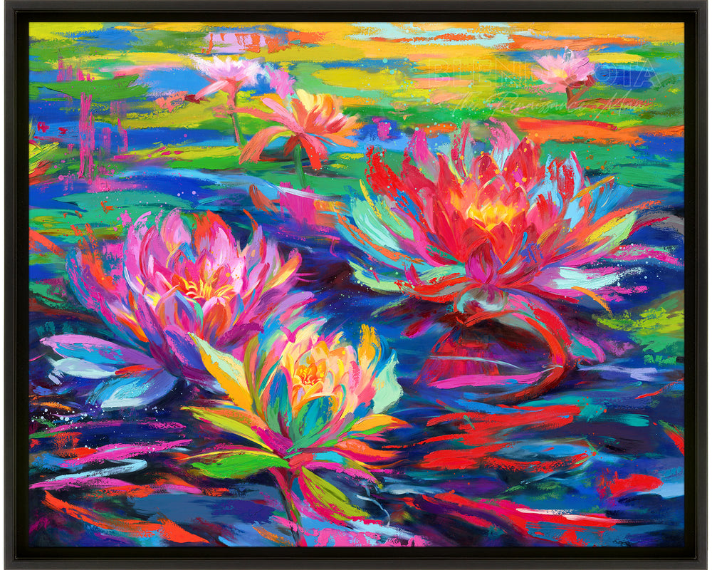 
                  
                    A thin black frame for Limited edition painting on canvas of red, pink and yellow water lilies blooming in a pond of lily pads, abundant and vibrant flowers in colorful brushstrokes, color expressionism style.
                  
                