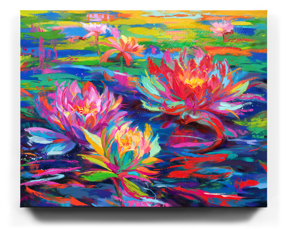 Limited edition painting on canvas of red, pink and yellow water lilies blooming in a pond of lily pads, abundant and vibrant flowers in colorful brushstrokes, color expressionism style.
