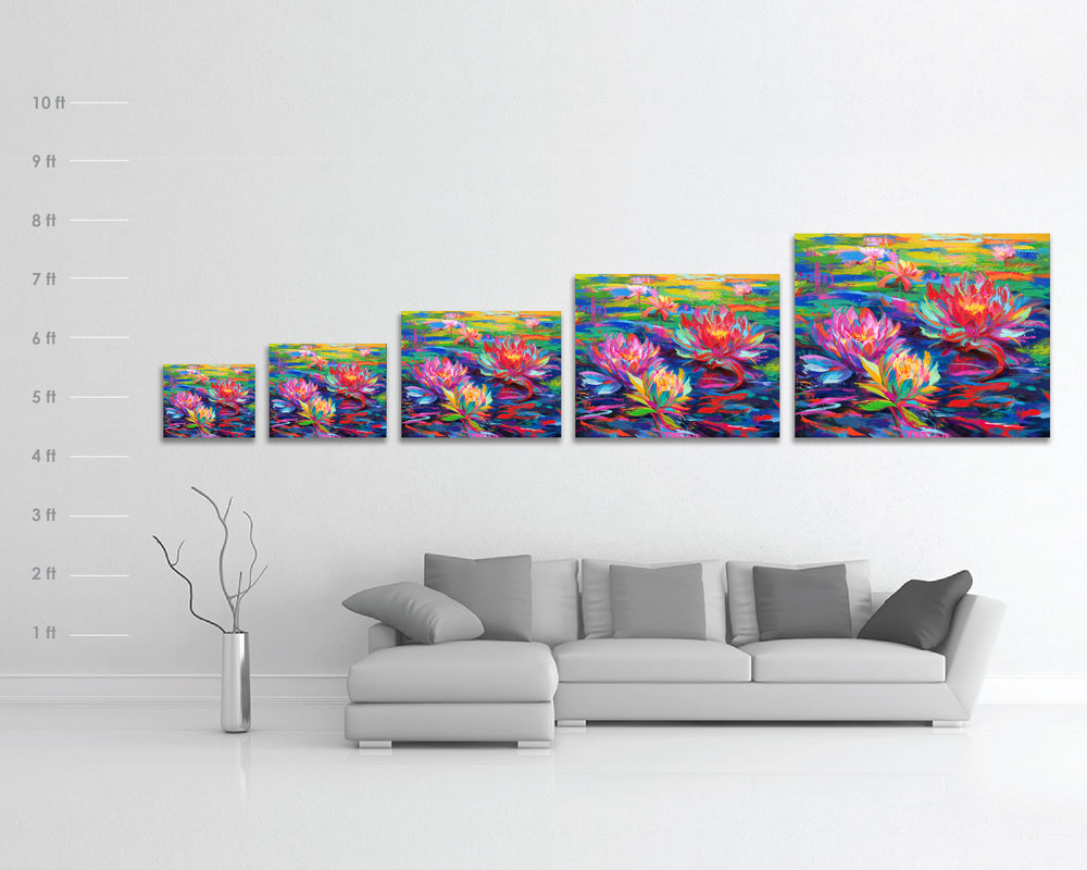 
                  
                    Dimensions and scale reference for Limited edition painting on canvas of red, pink and yellow water lilies blooming in a pond of lily pads, abundant and vibrant flowers in colorful brushstrokes, color expressionism style.
                  
                