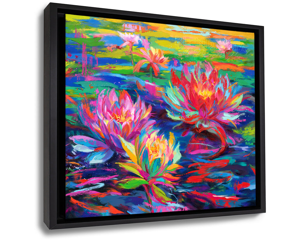 Black framed art print on canvas of red, pink and yellow water lilies blooming in a pond of lily pads, abundant and vibrant flowers in colorful brushstrokes, color expressionism style.