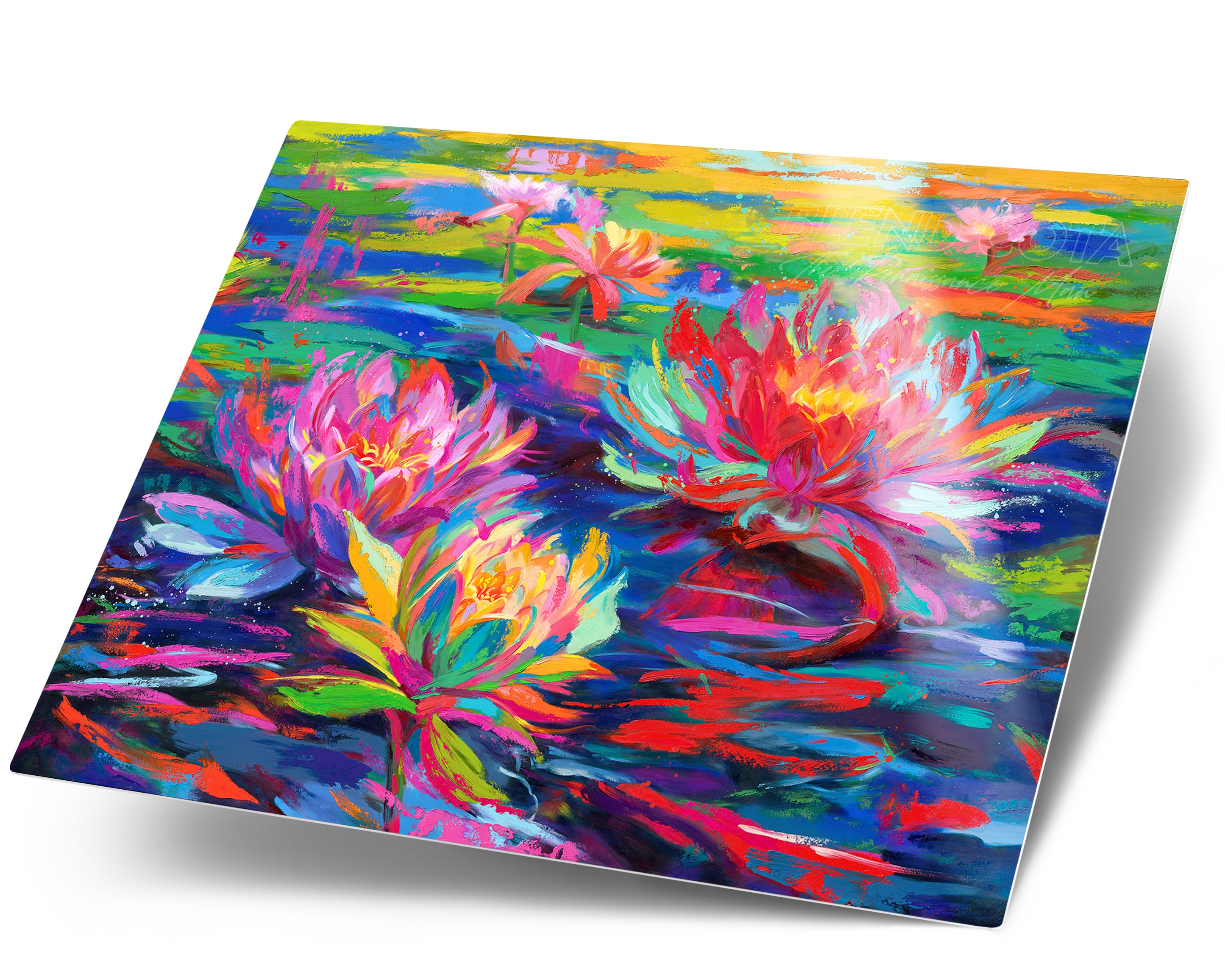 Art print on metal of red, pink and yellow water lilies blooming in a pond of lily pads, abundant and vibrant flowers in colorful brushstrokes, color expressionism style.