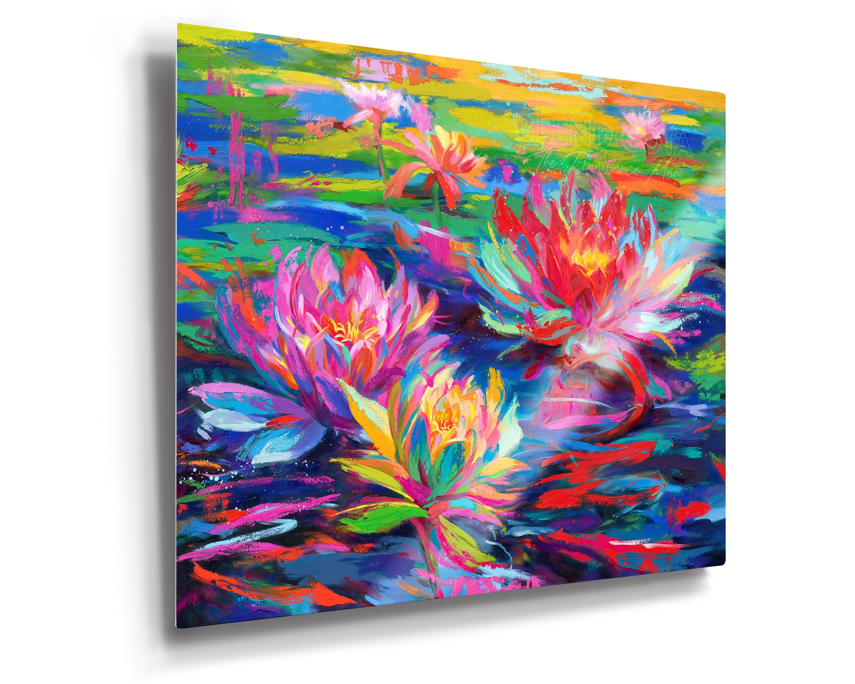 Limited edition print on metal of red, pink and yellow water lilies blooming in a pond of lily pads, abundant and vibrant flowers in colorful brushstrokes, color expressionism style.