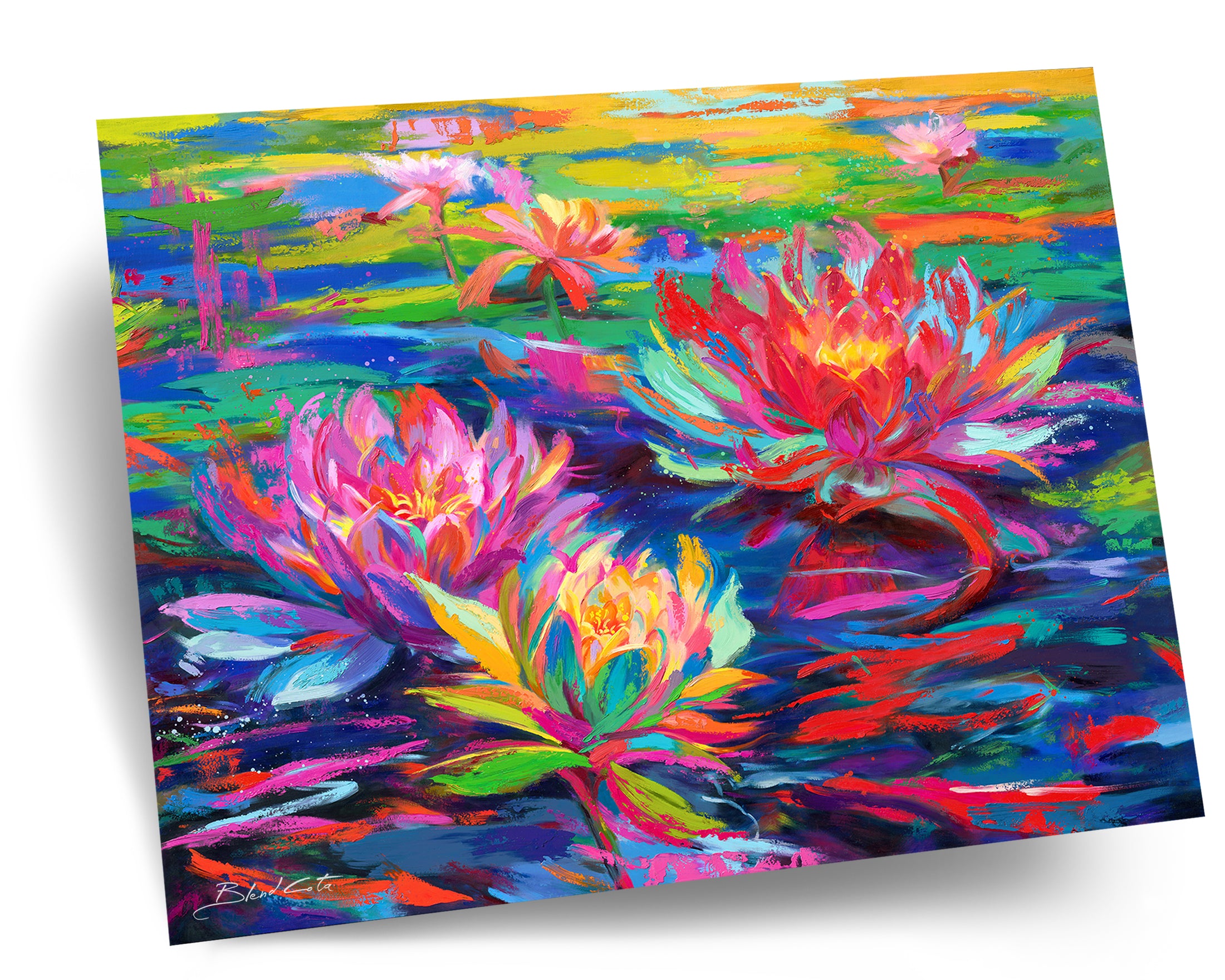 Art print on cardstock paper of red, pink and yellow water lilies blooming in a pond of lily pads, abundant and vibrant flowers in colorful brushstrokes, color expressionism style.