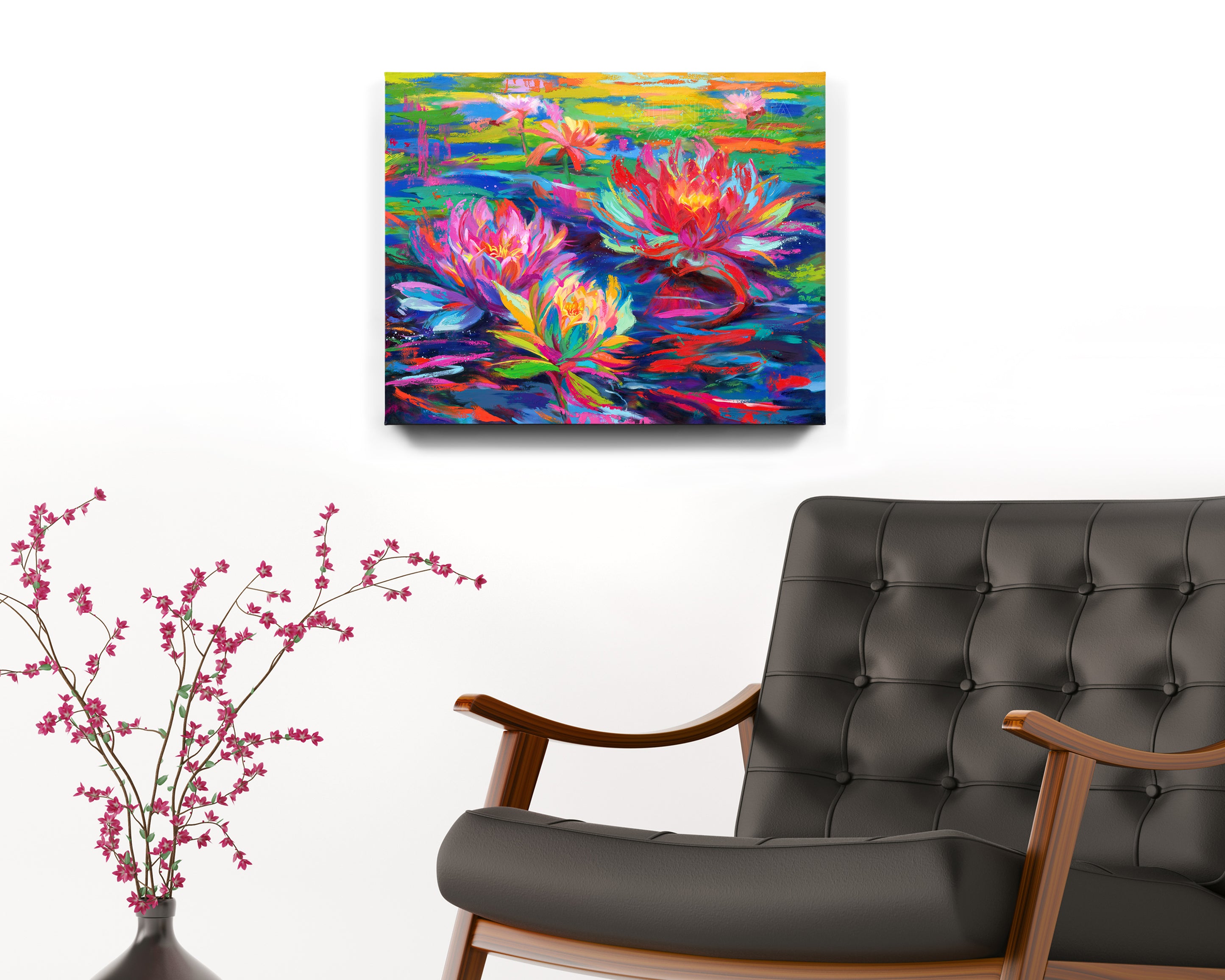 Art print of red, pink and yellow water lilies blooming in a pond of lily pads, abundant and vibrant flowers in colorful brushstrokes, color expressionism style in a room setting.