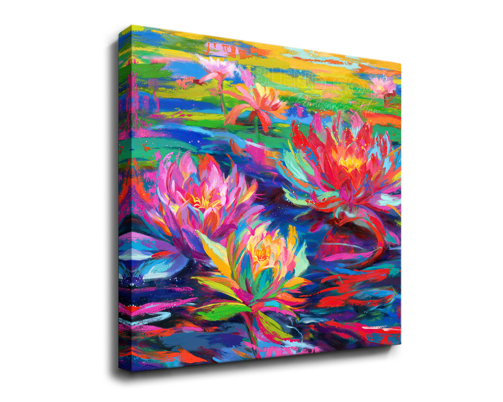Square Art print on gallery wrapped canvas of red, pink and yellow water lilies blooming in a pond of lily pads, abundant and vibrant flowers in colorful brushstrokes, color expressionism style.