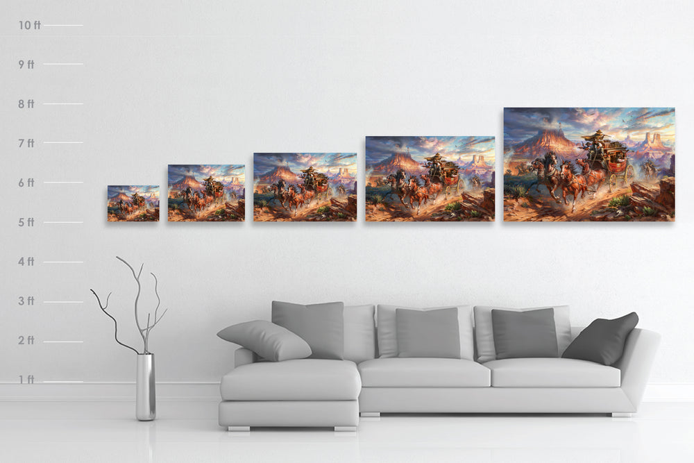 Limited edition print on metal in scale dimensions of outlaws attack on the Blend Cota stagecoach with cowboys shooting and horses galloping in canyons and landscape of Monument Valley, Arizona, in realism style with detailed brushstrokes.