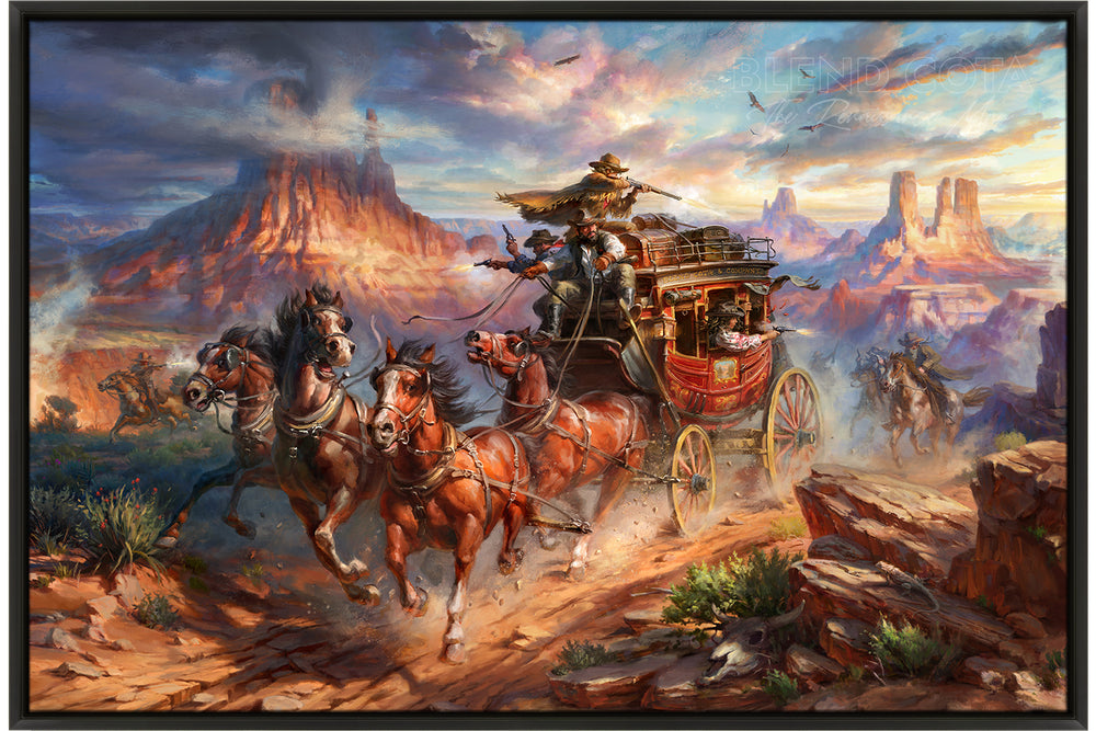 Limited edition painting on canvas of outlaws attack on the Blend Cota stagecoach with cowboys shooting and horses galloping in canyons and landscape of Monument Valley, Arizona, in realism style with detailed brushstrokes in a black drop box frame.