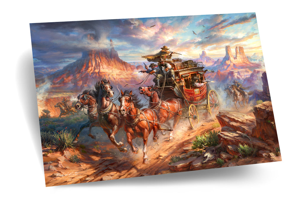 A company of cowboys rides away from bandits, trying to escape their clutches, travelling through the Wild Western landscape of America.