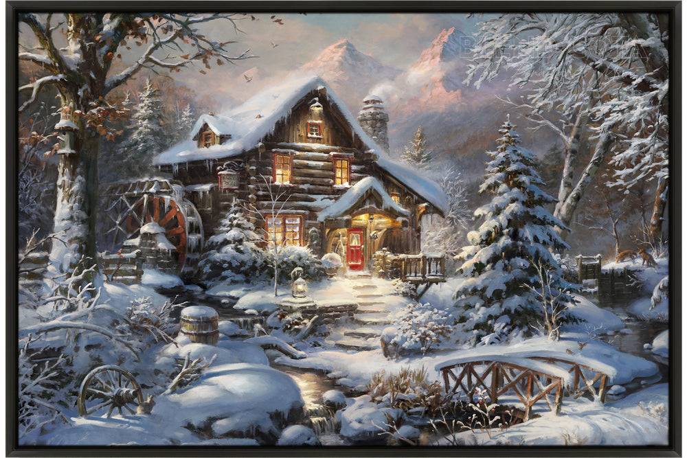 Winterberry Mill Silence of The First Snow Limited Edition Art on Canvas  from Blend Cota Studios painting in a black drop box frame.