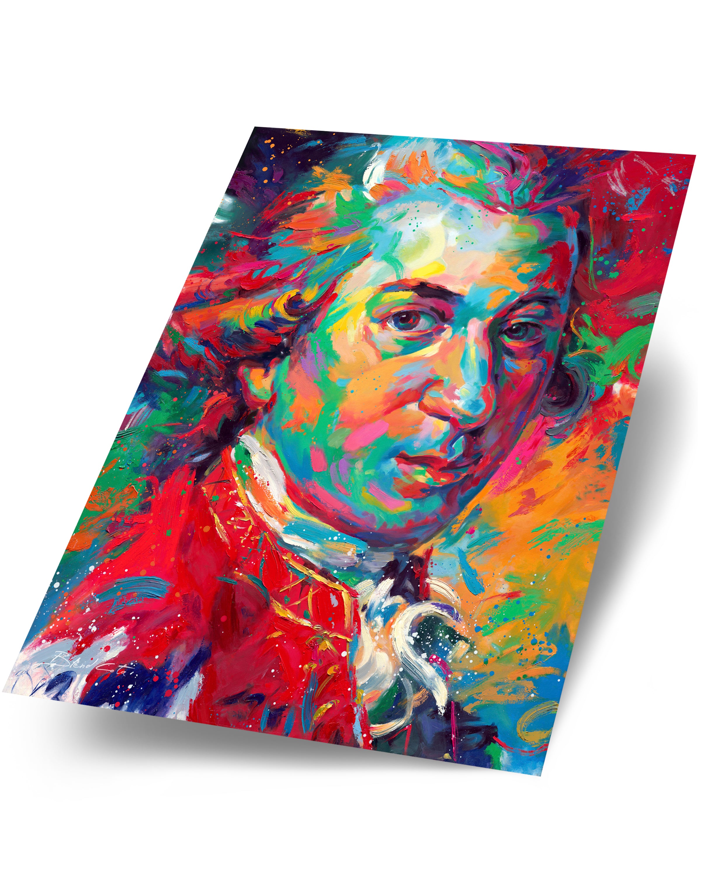 A portrait painted of the composer Wolfgang Amadeus Mozart, with colorful brushstrokes representing his mastery of music.