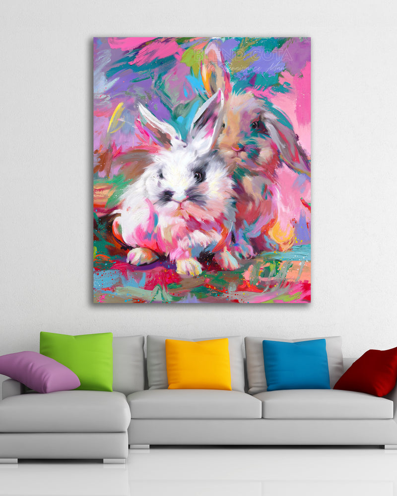 
                  
                    Fluffy Buns - Blend Cota Limited Edition Art on Canvas - Blend Cota Studios painting on white wall above colorful couch
                  
                