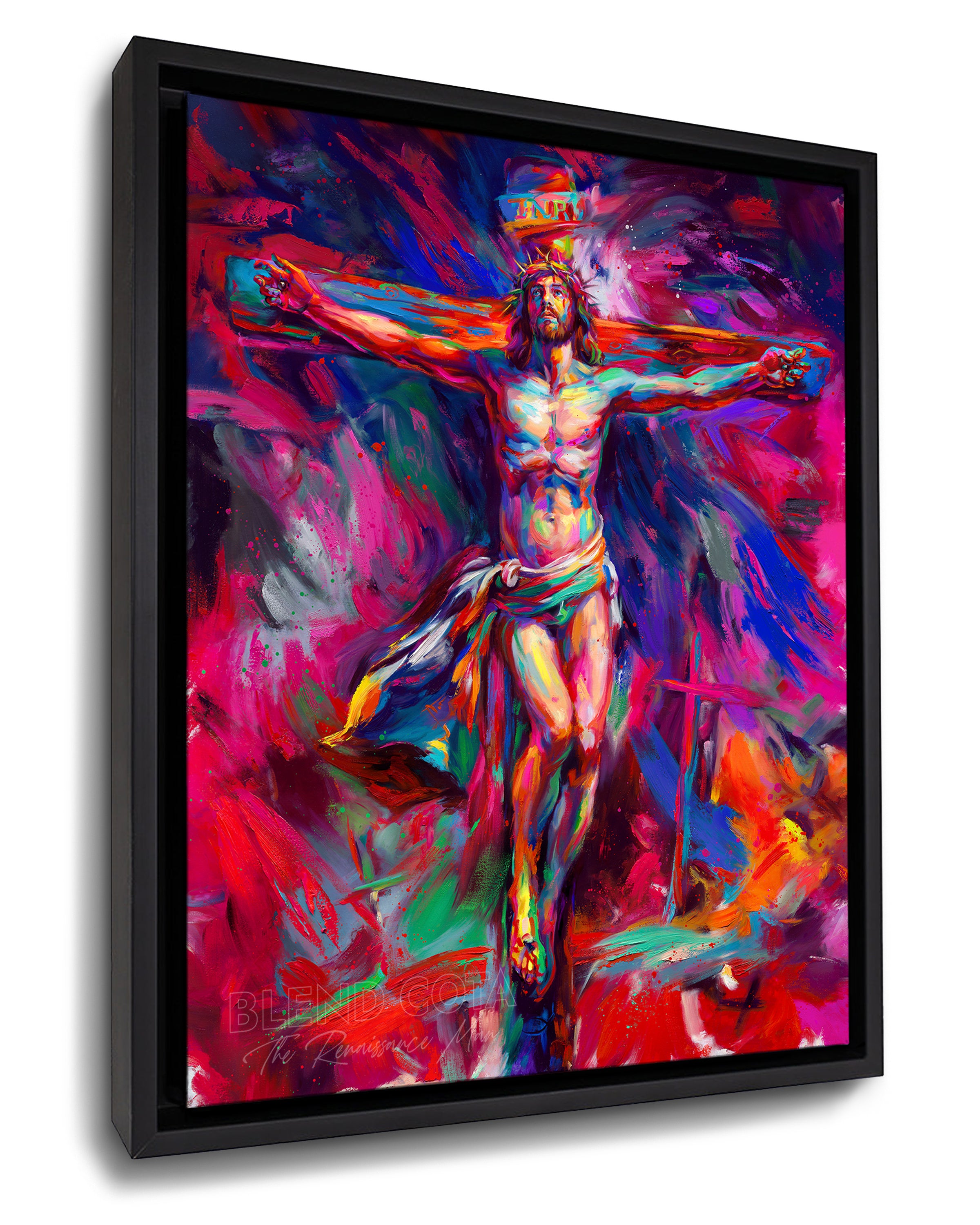 
                  
                    For The Love of God | Jesus Crucifixion - Blend Cota Art Print Framed on Canvas- Blend Cota Studios painting in a Black Frame 
                  
                