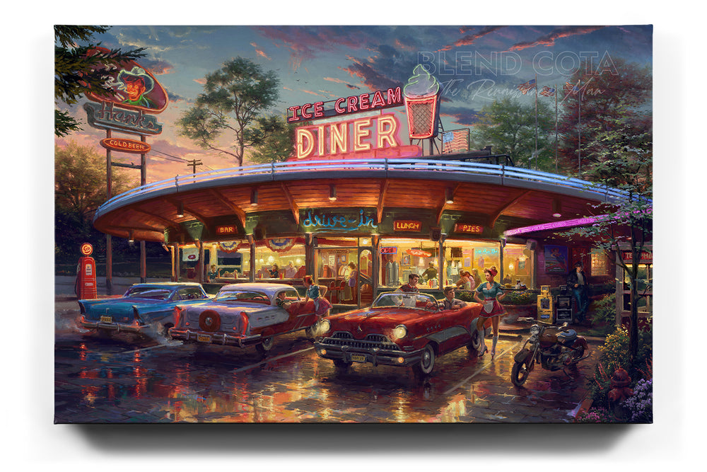 
                  
                    Meet You At The Diner a nostalgic looking 1950's scene waitress on rollerblades and a sunset  Limited Edition Art on Canvas from Blend Cota Studios 
                  
                