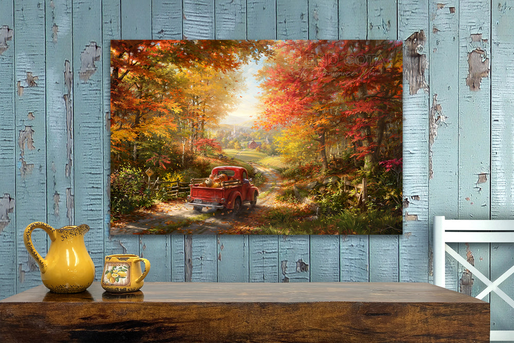 
                  
                    The Place I Belong | Fall Road Autumn Leaves - Blend Cota Limited Edition Art on Canvas - Blend Cota Studios - room setting painting hanging on painted blue wood panels peeling 
                  
                