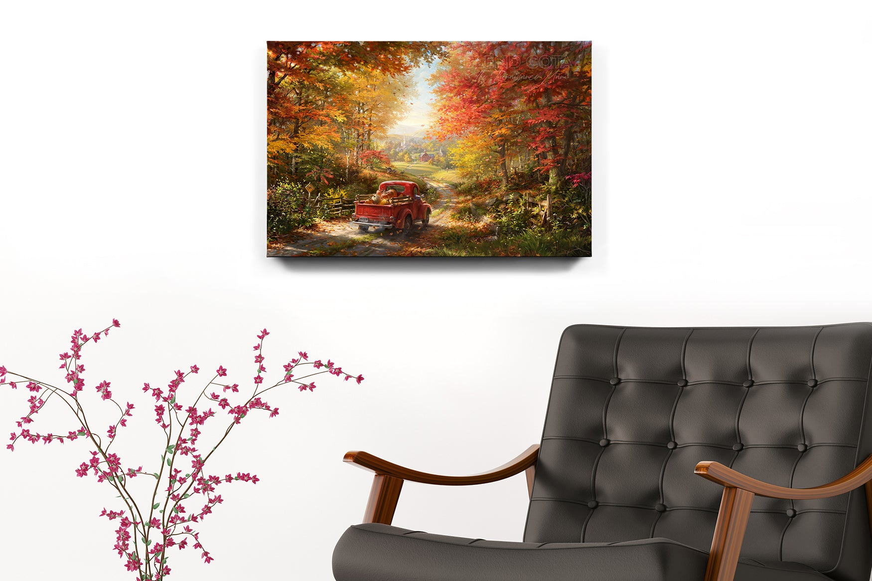 
                  
                    The Place I Belong | Fall Road Autumn Leaves- Blend Cota Art Print Framed on Canvas - Blend Cota Studios - studio room setting with painting on wall
                  
                