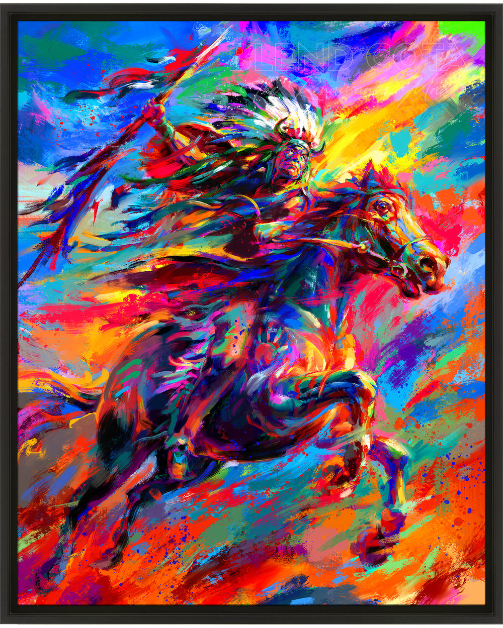 Geronimo | Native American on Horseback - Blend Cota Limited Edition Framed Art on Canvas - Blend Cota Studios - Black Frame